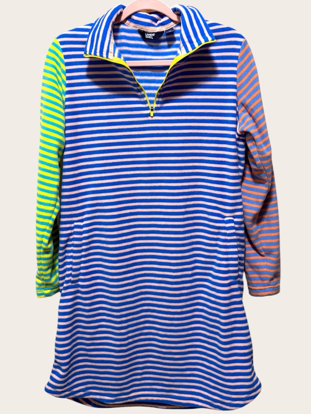 Lands’ End Fleece Dress Women’s M 10-12 Multicolor Striped Quarter Zip Tunic